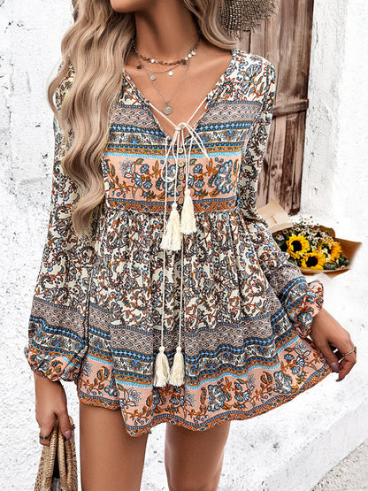 Blouses- Lantern Sleeves Flowy Blouse in Boho Print- - Pekosa Women Clothing