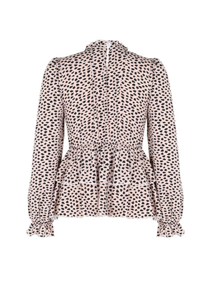 Blouses- Peplum Blouse With Long Sleeves and Smocked Waist in Leopard Print- - Pekosa Women Clothing