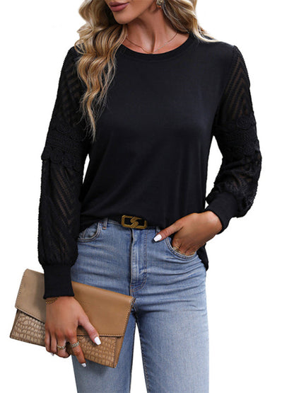 Blouses- Sheer Lace Contrast Pullover - Round Neck Blouse- - Pekosa Women Clothing