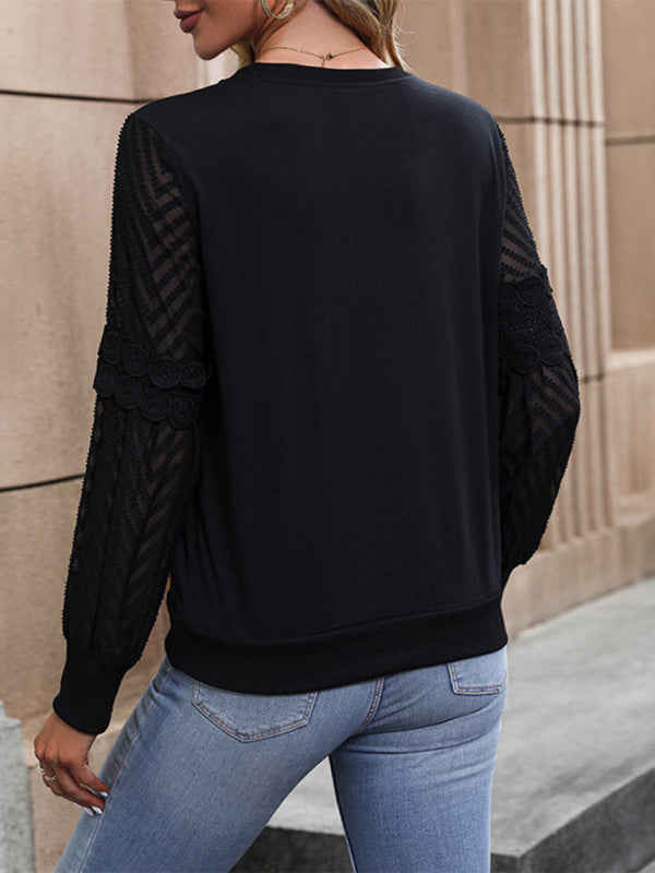 Blouses- Sheer Lace Contrast Pullover - Round Neck Blouse- - Pekosa Women Clothing