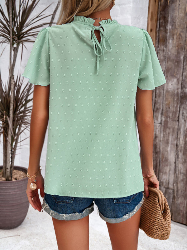 Blouses- Short Flounce Sleeves Blouse - Flowy Swiss Dot Top with Smocked Accents- - Pekosa Women Clothing