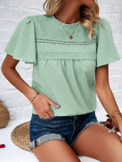 Blouses- Short Flounce Sleeves Blouse - Flowy Swiss Dot Top with Smocked Accents- Fruit green- Pekosa Women Clothing