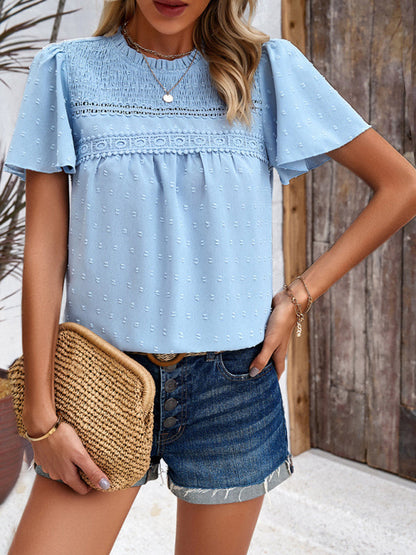Blouses- Short Flounce Sleeves Blouse - Flowy Swiss Dot Top with Smocked Accents- - Pekosa Women Clothing