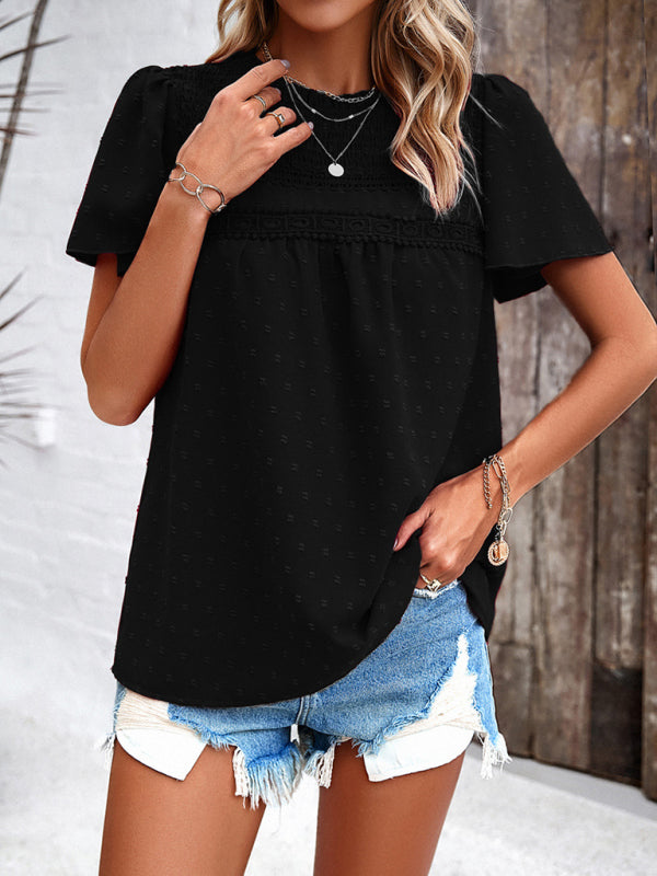 Blouses- Short Flounce Sleeves Blouse - Flowy Swiss Dot Top with Smocked Accents- - Pekosa Women Clothing