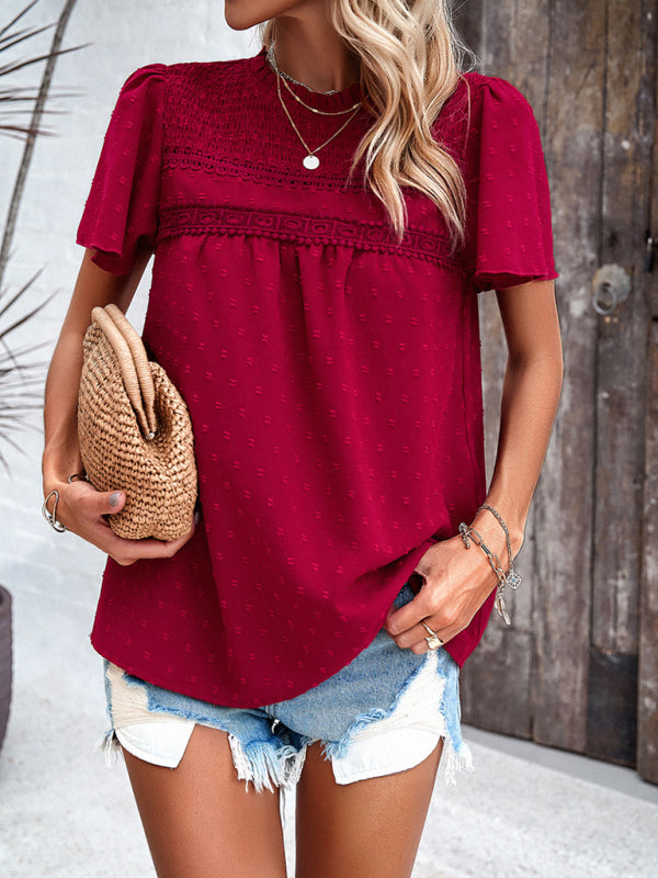 Blouses- Short Flounce Sleeves Blouse - Flowy Swiss Dot Top with Smocked Accents- - Pekosa Women Clothing