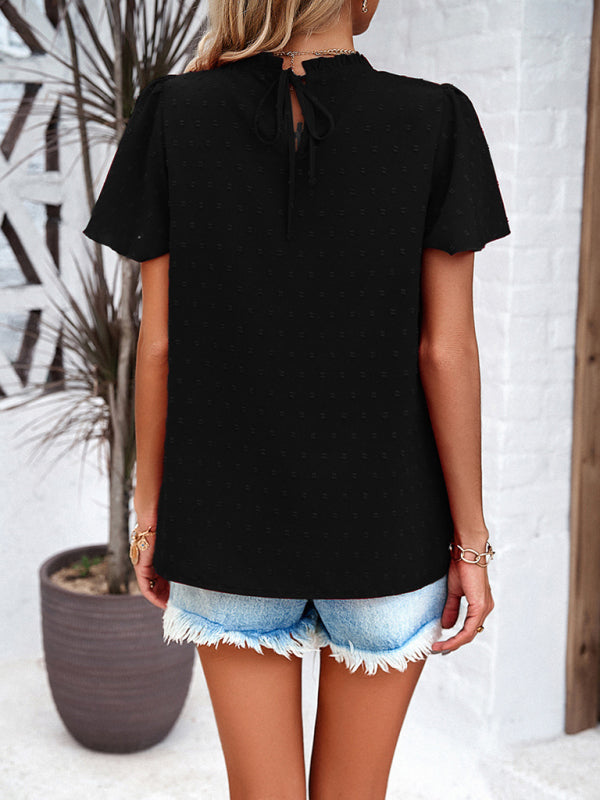 Blouses- Short Flounce Sleeves Blouse - Flowy Swiss Dot Top with Smocked Accents- - Pekosa Women Clothing