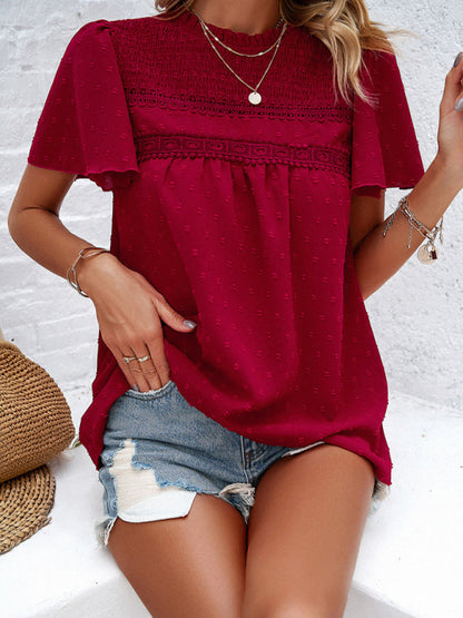 Blouses- Short Flounce Sleeves Blouse - Flowy Swiss Dot Top with Smocked Accents- Wine Red- Pekosa Women Clothing