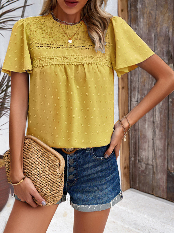 Blouses- Short Flounce Sleeves Blouse - Flowy Swiss Dot Top with Smocked Accents- - Pekosa Women Clothing