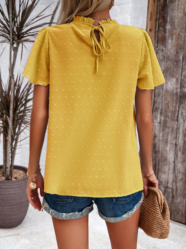 Blouses- Short Flounce Sleeves Blouse - Flowy Swiss Dot Top with Smocked Accents- - Pekosa Women Clothing