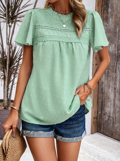 Blouses- Short Flounce Sleeves Blouse - Flowy Swiss Dot Top with Smocked Accents- - Pekosa Women Clothing