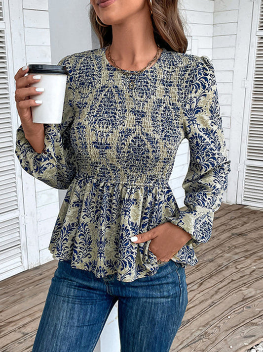 Blouses- Smocked Bodice Long Sleeve Blouse in Floral Print | Peplum Top- Blue- Pekosa Women Clothing