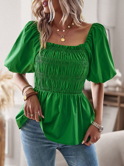 Blouses- Solid Off-Shoulder Blouse - Smocked Peplum Top- Green- Pekosa Women Clothing