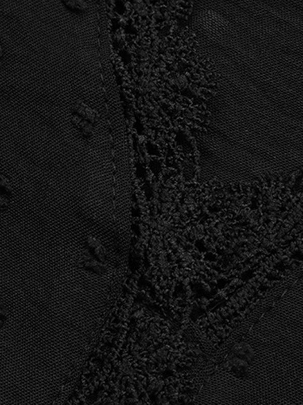 Blouses- Swiss Dot Lace V Neck Long Sleeve Blouse- - Pekosa Women Clothing