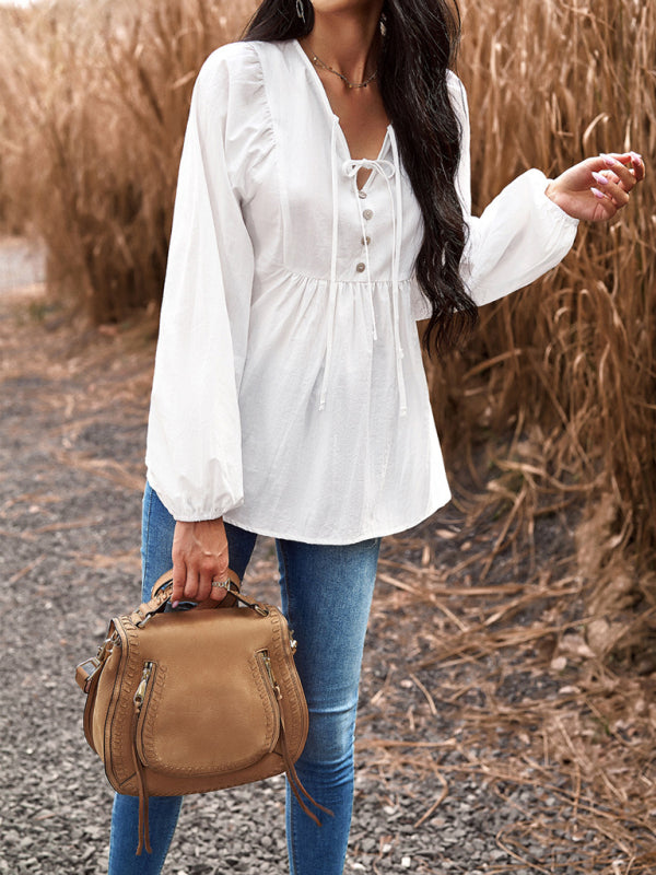 Blouses- Textured Cotton Lantern Sleeve V-Neck Peplum Blouse- - Pekosa Women Clothing