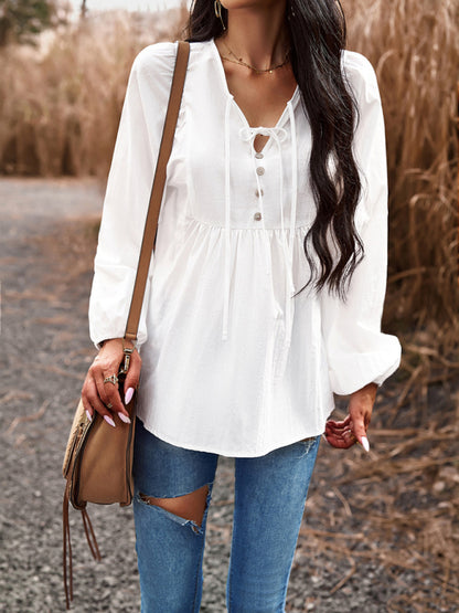 Blouses- Textured Cotton Lantern Sleeve V-Neck Peplum Blouse- - Pekosa Women Clothing
