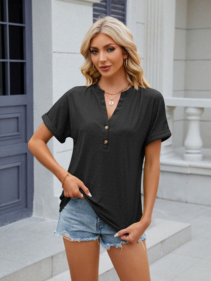 Blouses- Textured V-Neck Blouse - Short Sleeves with Half Button-Up T-shirt- - Pekosa Women Clothing