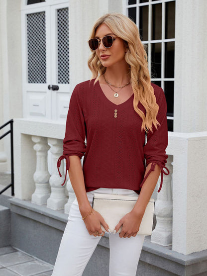 Blouses- V-Neck Blouse with 3/4 Sleeves | Eyelet Top- - Pekosa Women Clothing
