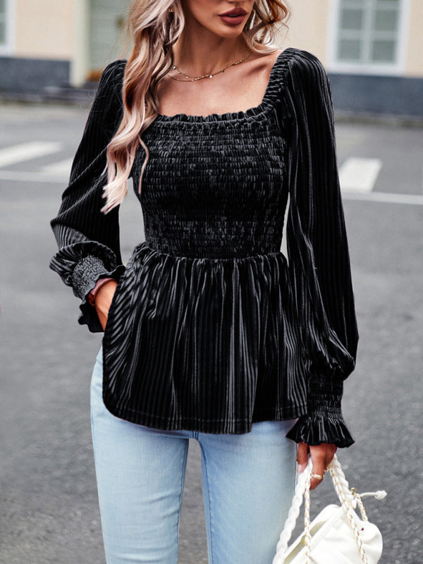 Blouses- Velvet Blouse with Dramatic Lantern Sleeves, Smocked & Ruffle Cuffs- Black- Pekosa Women Clothing