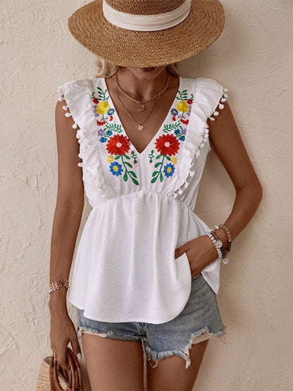 Blouses- Versatile Women's Peplum Blouse: Embroidered Panel & Ruffle Pompom Hem- - Pekosa Women Clothing