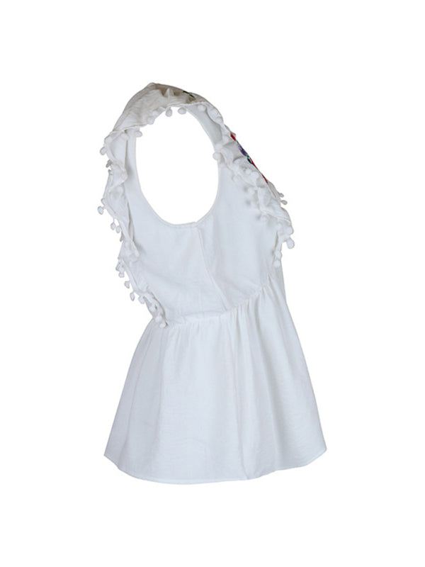 Blouses- Versatile Women's Peplum Blouse: Embroidered Panel & Ruffle Pompom Hem- - Pekosa Women Clothing