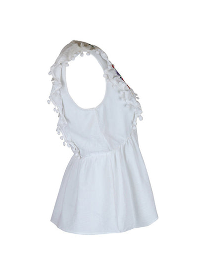 Blouses- Versatile Women's Peplum Blouse: Embroidered Panel & Ruffle Pompom Hem- - Pekosa Women Clothing