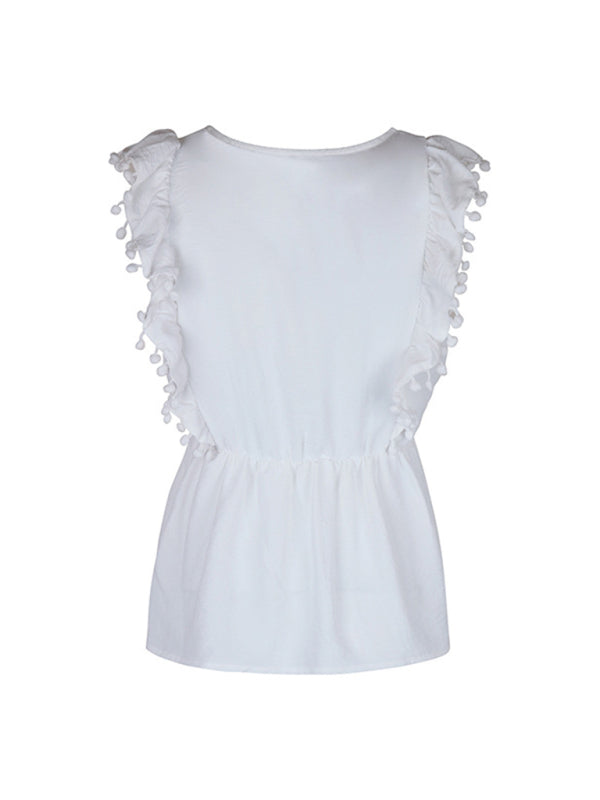 Blouses- Versatile Women's Peplum Blouse: Embroidered Panel & Ruffle Pompom Hem- - Pekosa Women Clothing