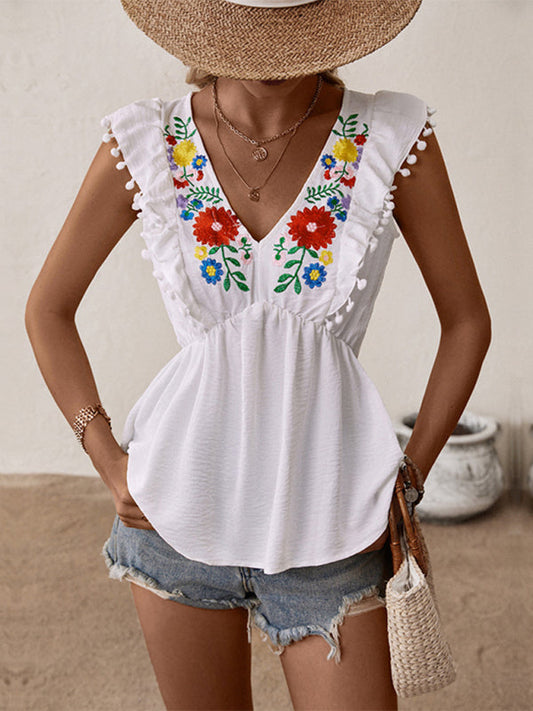 Blouses- Versatile Women's Peplum Blouse: Embroidered Panel & Ruffle Pompom Hem- White- Pekosa Women Clothing