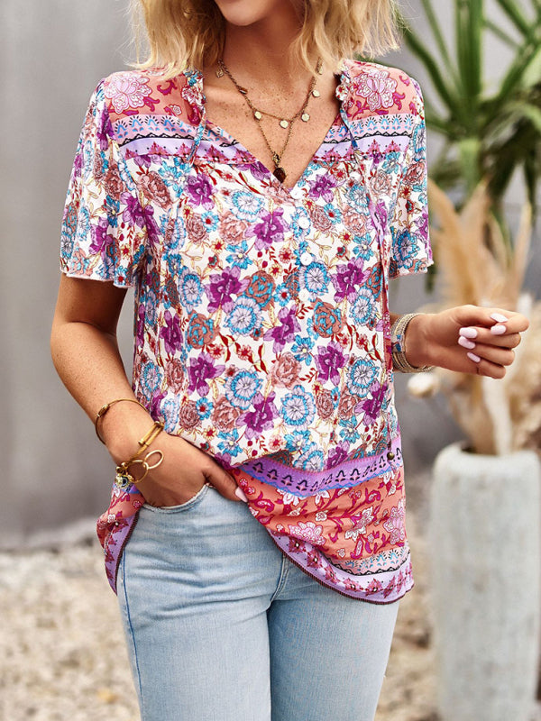 Blouses- Vintage Ruffle V-Neck Blouse - Floral Half Button Down Top- - Pekosa Women Clothing