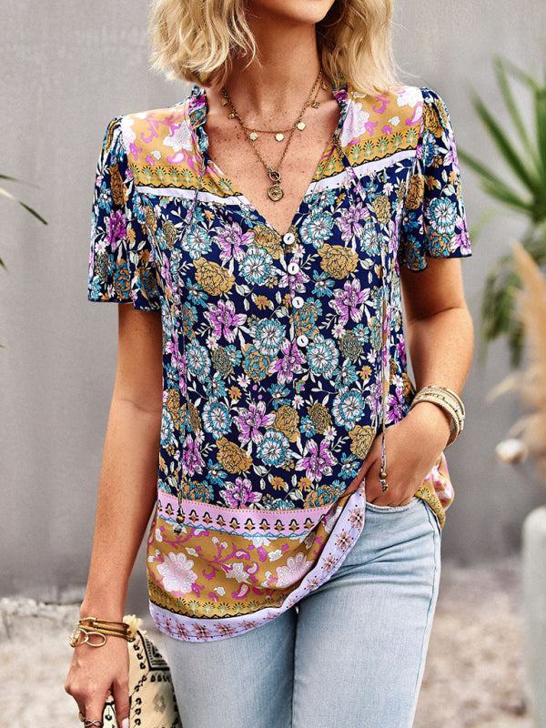 Blouses- Vintage Ruffle V-Neck Blouse - Floral Half Button Down Top- - Pekosa Women Clothing