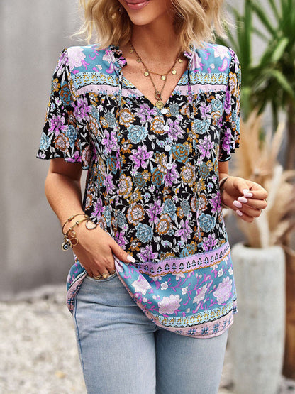 Blouses- Vintage Ruffle V-Neck Blouse - Floral Half Button Down Top- - Pekosa Women Clothing