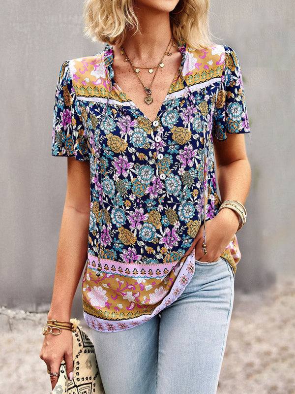 Blouses- Vintage Ruffle V-Neck Blouse - Floral Half Button Down Top- Navy blue- Pekosa Women Clothing