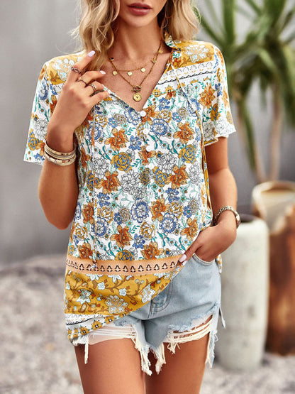 Blouses- Vintage Ruffle V-Neck Blouse - Floral Half Button Down Top- - Pekosa Women Clothing