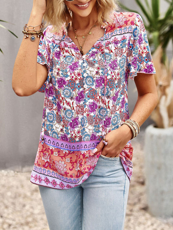 Blouses- Vintage Ruffle V-Neck Blouse - Floral Half Button Down Top- - Pekosa Women Clothing