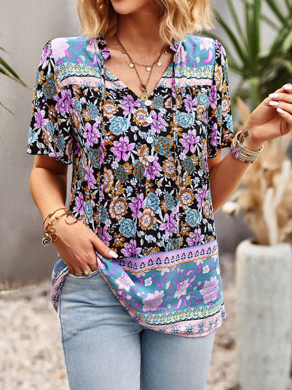 Blouses- Vintage Ruffle V-Neck Blouse - Floral Half Button Down Top- - Pekosa Women Clothing