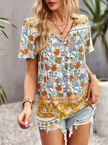 Blouses- Vintage Ruffle V-Neck Blouse - Floral Half Button Down Top- - Pekosa Women Clothing