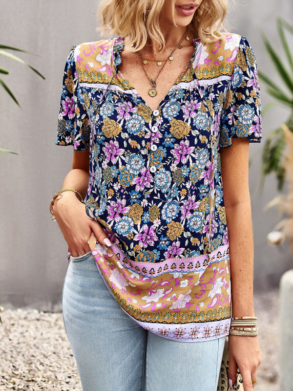 Blouses- Vintage Ruffle V-Neck Blouse - Floral Half Button Down Top- - Pekosa Women Clothing