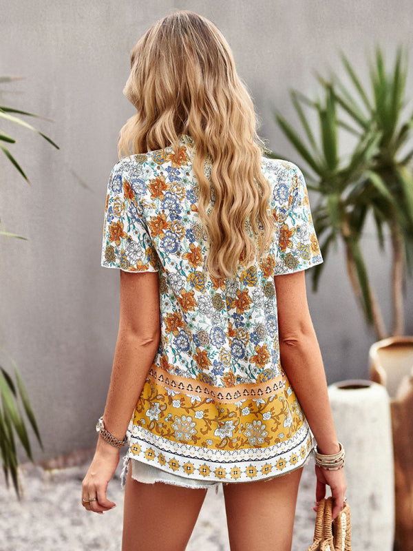 Blouses- Vintage Ruffle V-Neck Blouse - Floral Half Button Down Top- - Pekosa Women Clothing