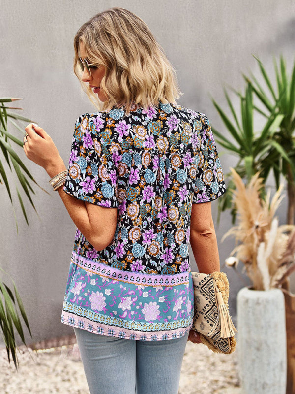 Blouses- Vintage Ruffle V-Neck Blouse - Floral Half Button Down Top- - Pekosa Women Clothing