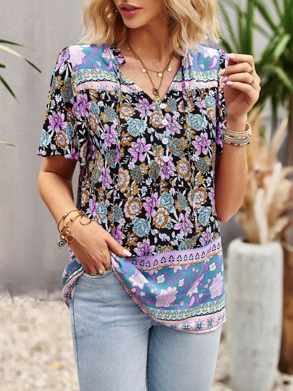 Blouses- Vintage Ruffle V-Neck Blouse - Floral Half Button Down Top- - Pekosa Women Clothing