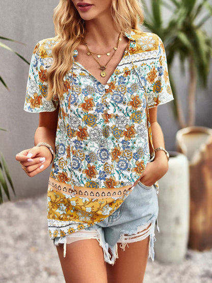 Blouses- Vintage Ruffle V-Neck Blouse - Floral Half Button Down Top- White- Pekosa Women Clothing