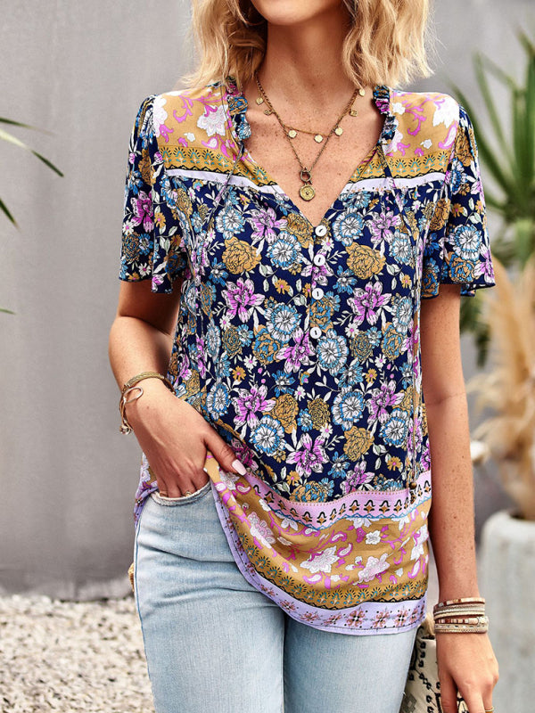 Blouses- Vintage Ruffle V-Neck Blouse - Floral Half Button Down Top- - Pekosa Women Clothing