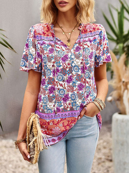Blouses- Vintage Ruffle V-Neck Blouse - Floral Half Button Down Top- - Pekosa Women Clothing