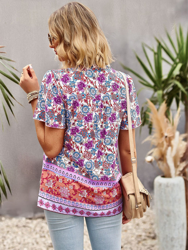 Blouses- Vintage Ruffle V-Neck Blouse - Floral Half Button Down Top- - Pekosa Women Clothing