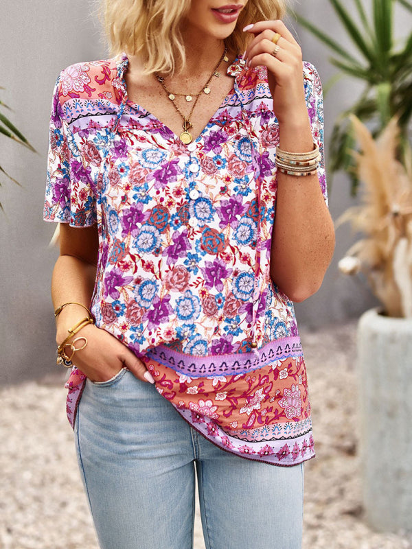 Blouses- Vintage Ruffle V-Neck Blouse - Floral Half Button Down Top- - Pekosa Women Clothing