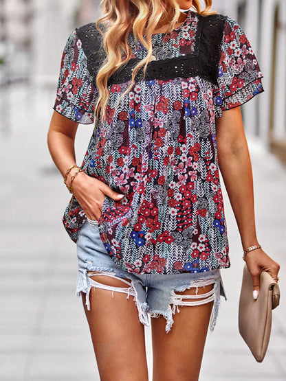 Blouses- Women's Double Layer Flounce Sleeves Blouse - Lace Collar Tunic Top- Red- Pekosa Women Clothing