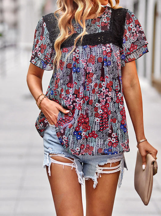 Blouses- Women's Double Layer Flounce Sleeves Blouse - Lace Collar Tunic Top- Red- Pekosa Women Clothing