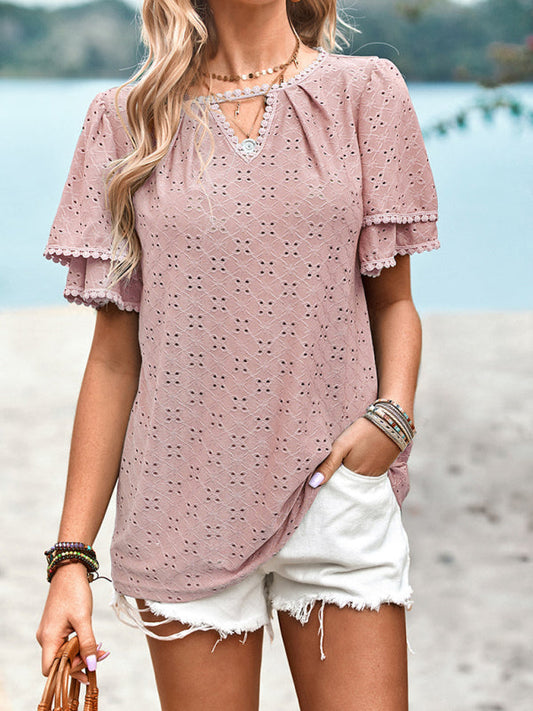 Blouses- Women's Eyelet Lace Top with Double Flared Sleeves - Keyhole Front Top- Pink- Pekosa Women Clothing