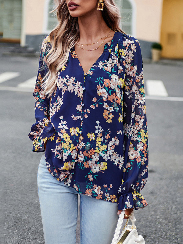 Blouses- Women's Floral Button Down Blouse - Elegant Lantern Sleeve V Neck Top- Purplish blue navy- Pekosa Women Clothing