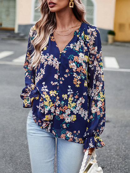 Blouses- Women's Floral Button Down Blouse - Elegant Lantern Sleeve V Neck Top- Purplish blue navy- Pekosa Women Clothing