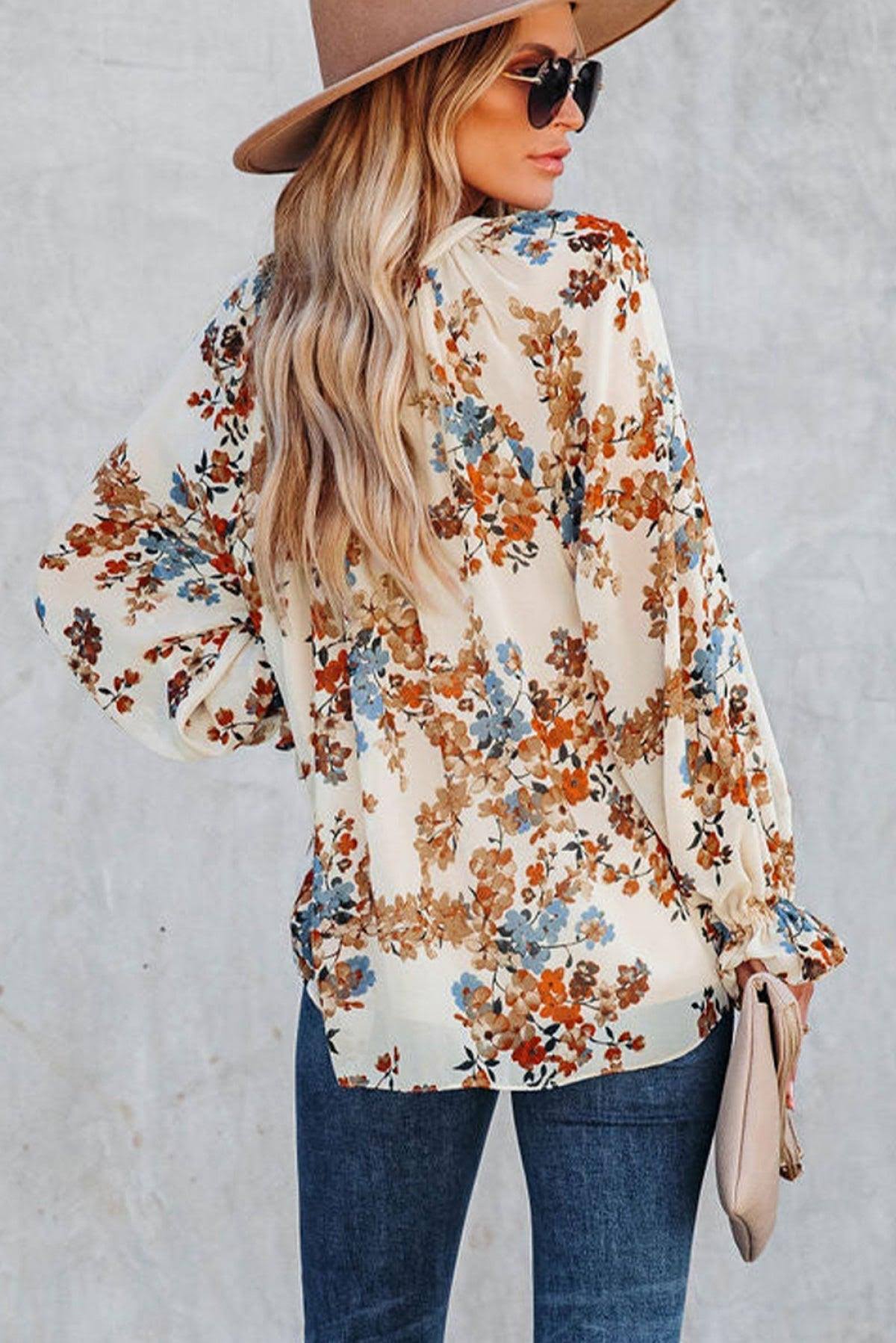 Blouses- Women's Floral Button Down Blouse - Elegant Lantern Sleeve V Neck Top- - Pekosa Women Clothing